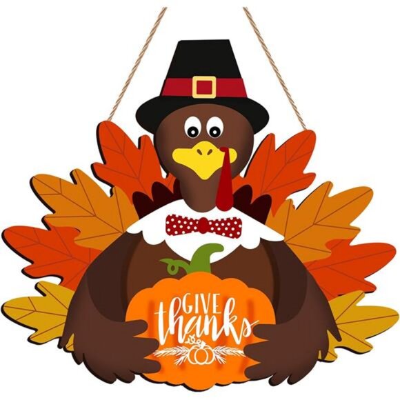 Fall Thanksgiving Turkey Door Sign Wall Decor - Wooden Give Thanks Sign Turkey - Picture 1 of 7